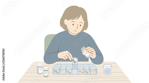 Woman sorting daily pills into weekly organizer with tweezers next to glass of water on table.