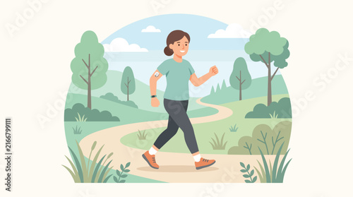 Woman walking outdoors on path in summer wearing smartwatch and glucose sensor for health monitoring.