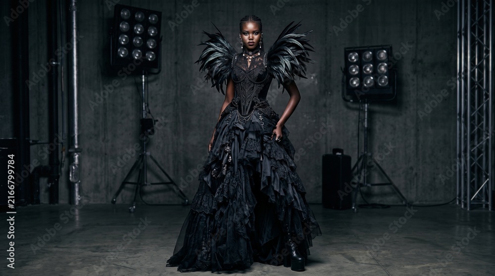 Naklejka premium Gothic Black Dress Model Studio Fashion