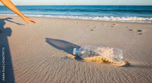Person picking up plastic bottle waste on sandy beach to clean ocean environment