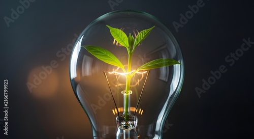 Green plant growing inside a glowing light bulb representing sustainable energy innovation.