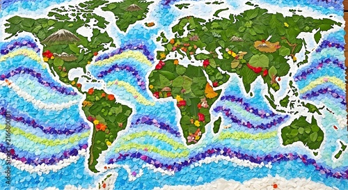 World map made of colorful paper collage art showing continents and ocean currents.