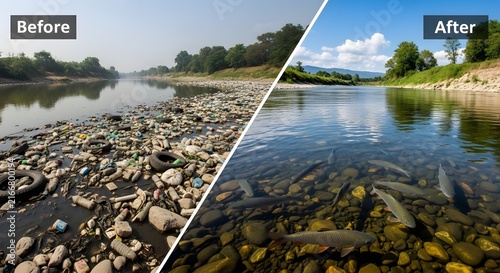 River pollution before and after comparison showing environmental restoration and clean water
