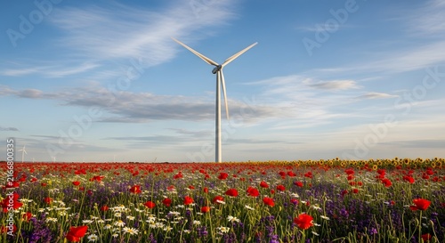 Wind turbine in a field of colorful wildflowers under a clear blue sky