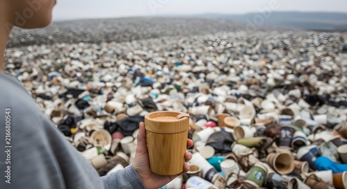 Person holding a reusable coffee cup in front of a massive landfill of plastic waste