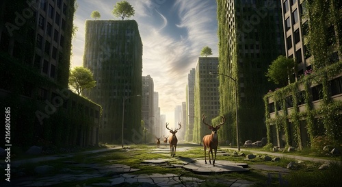 Deers in overgrown abandoned city ruins with nature reclaiming urban skyscrapers at sunset