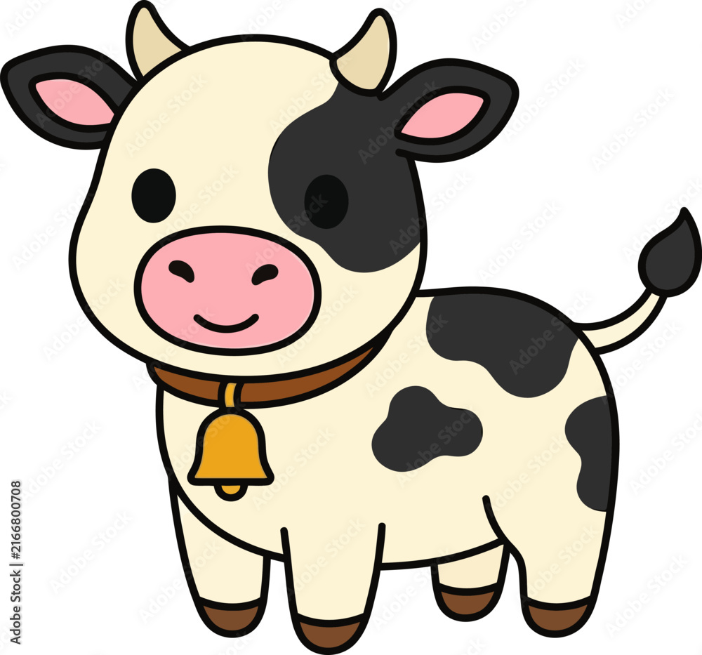 Obraz premium Funny Cow Cartoon Character with Cute Happy Smile, Adorable Dairy Cattle and Calf Vector Illustration Isolated on White Background