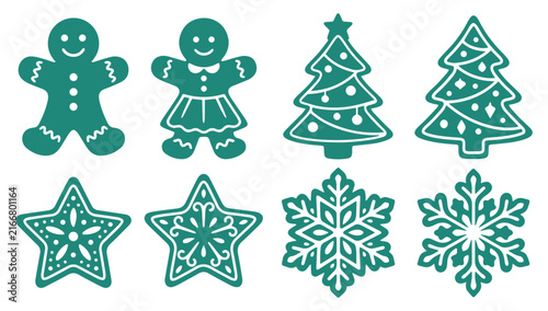 Set of festive Christmas holiday icons featuring gingerbread men trees stars and snowflakes