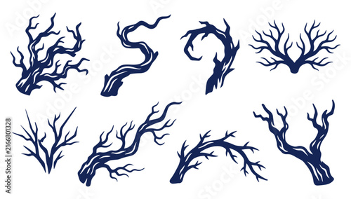 Set of dark vector silhouettes of twisted dry tree branches and bare roots