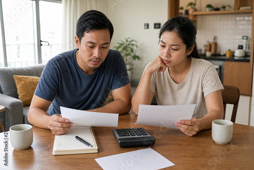 Southeast Asian married couple comparing electricity and water expenses in a modest apartment