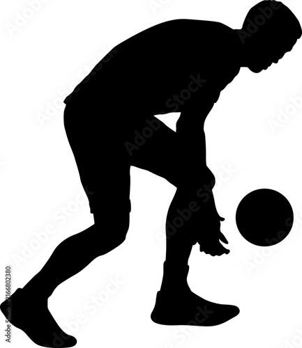 Black silhouette of young man playing basketball on white background