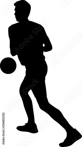 Black silhouette of young man playing basketball on white background