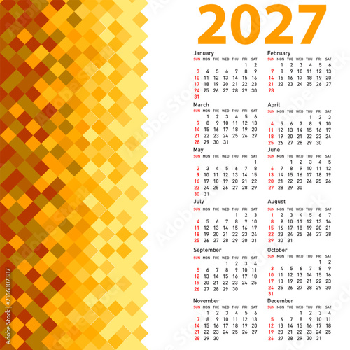 2027 calendar with abstract orange and yellow mosaic background on white