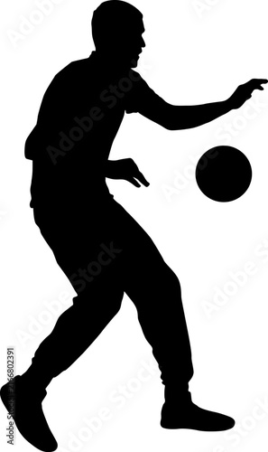 Black silhouette of young man playing basketball on white background