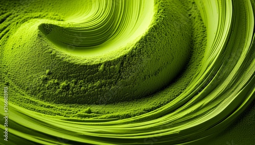 Closeup Of Vibrant Green Matcha Tea Powder With A Swirling Texture