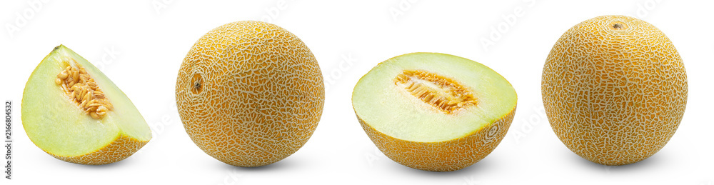 Fototapeta premium Cantaloupe melon, slice of muskmelon and half of melon isolated collection, clipping path..