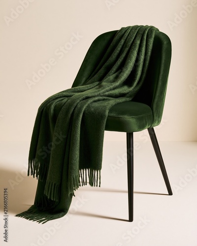 Forest-green velvet dining chair with a cozy wool blanket, featuring soft textures on a seamless cream background with copy space for interior design