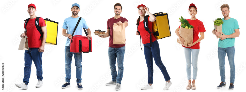 Obraz premium Food delivery service workers. Collection of portraits on white background