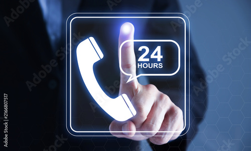 Man using virtual hotline service icon against blue background, closeup