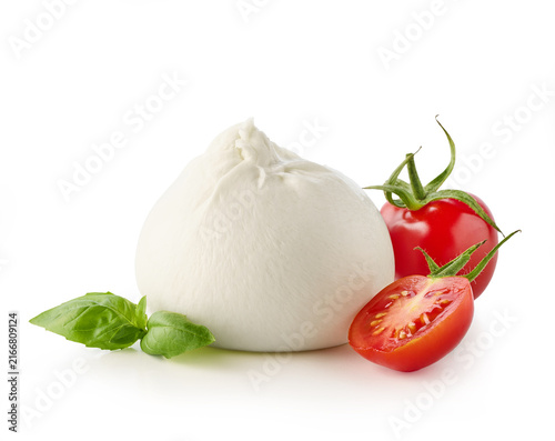 Fresh Burrata cheese with cherry tomatoes and basil leaves on white background