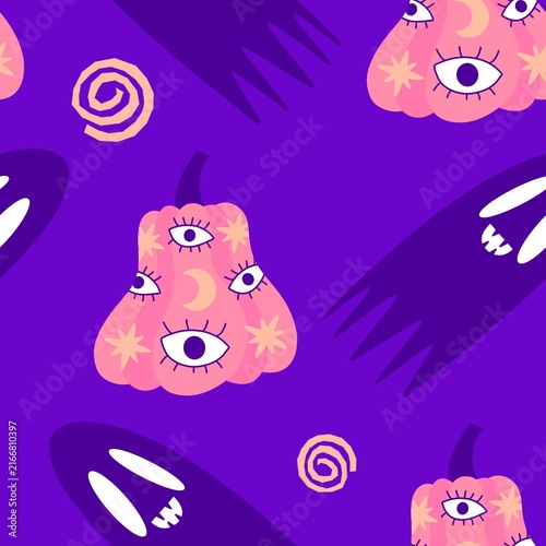 Autumn harvest vegetable seamless monster Halloween pumpkins pattern for wrapping paper and fabrics