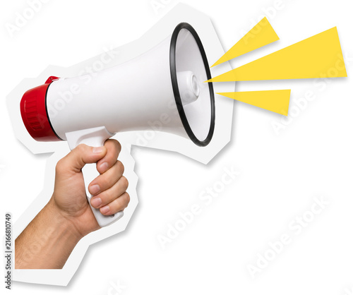 Canvas Print A hand holding a white megaphone with yellow graphic elements isolated on white background