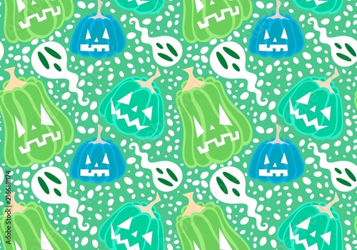 Autumn harvest vegetable seamless monster Halloween pumpkins pattern for wrapping paper and fabrics