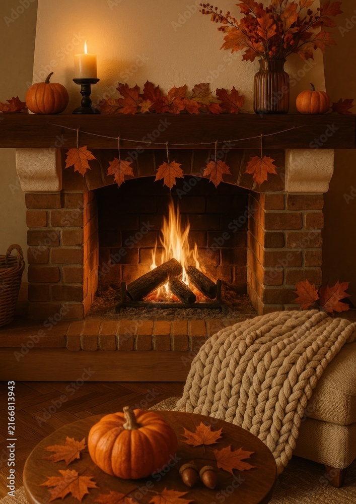 Fototapeta premium Cozy autumn fireplace ambiance