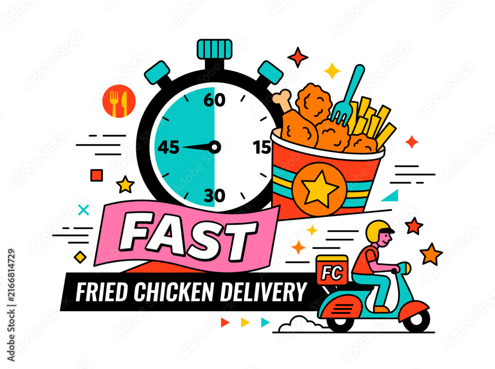 Naklejka premium Fast fried chicken delivery concept featuring fried chicken bucket and stopwatch flat vector illustration