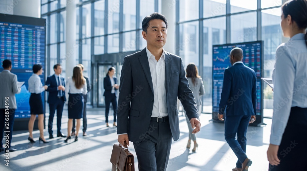 Fototapeta premium Successful Asian Businessman Walking in Modern Corporate Financial District Office