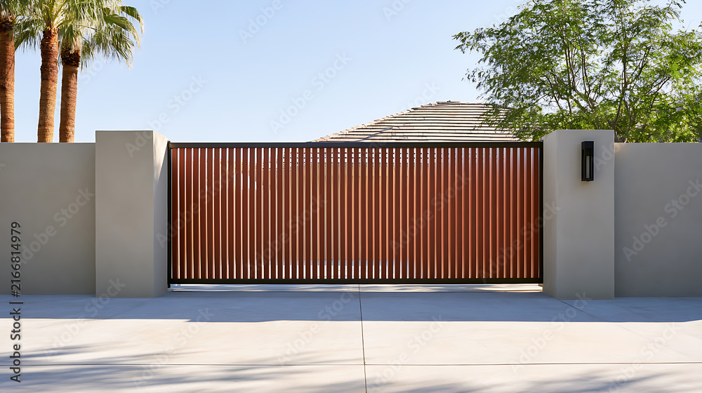 Fototapeta premium Modern sliding driveway gate with wooden slats and concrete pillars in a sunny suburban neighborhood with palm trees in the background view