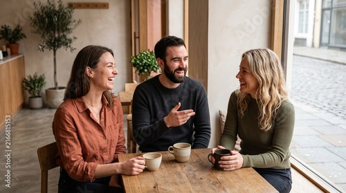 Three friends sitting in a minimalist coffee shop, laughing spontaneously during a conversation, genuine expressions, natural eye contact, hands gesturing.