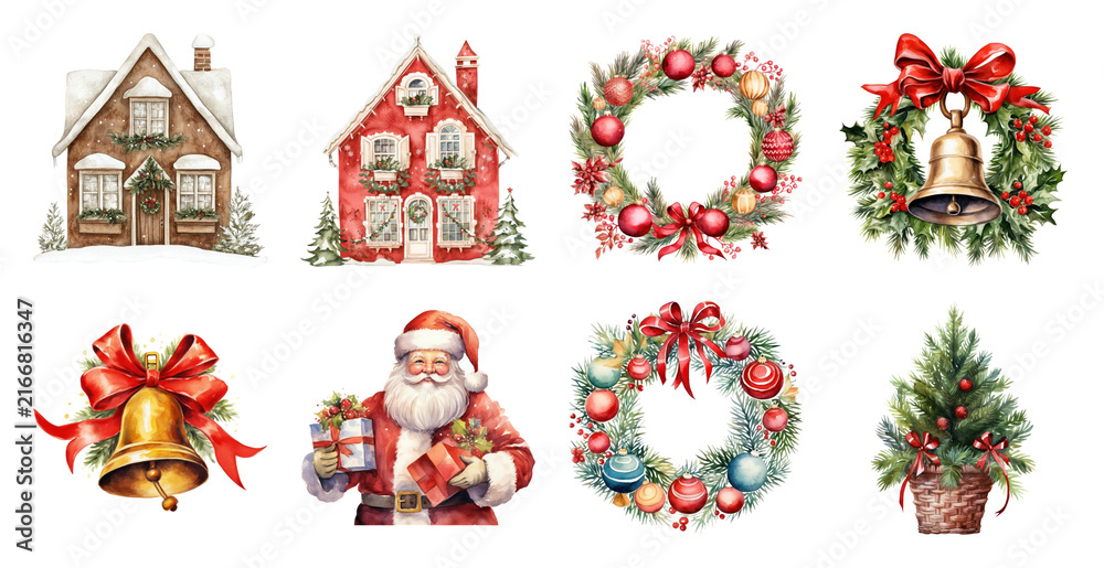 Fototapeta premium PNG Festive Christmas holiday elements illustration, element set on transparent background