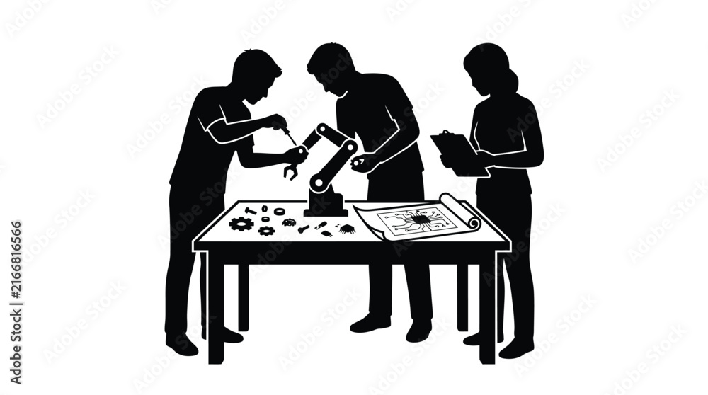 Fototapeta premium Skilled engineers working together to assemble small robotic arm in a modern creative industrial workshop lab