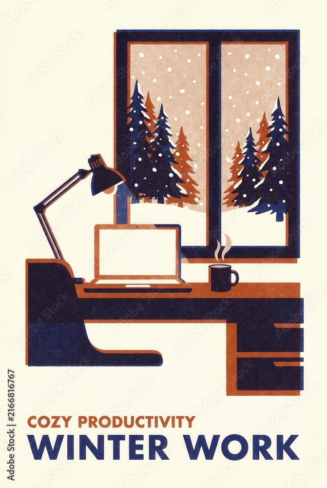 Fototapeta premium Cozy winter workspace illustration featuring a desk with a laptop, coffee cup, and a view of snow-covered trees through a window