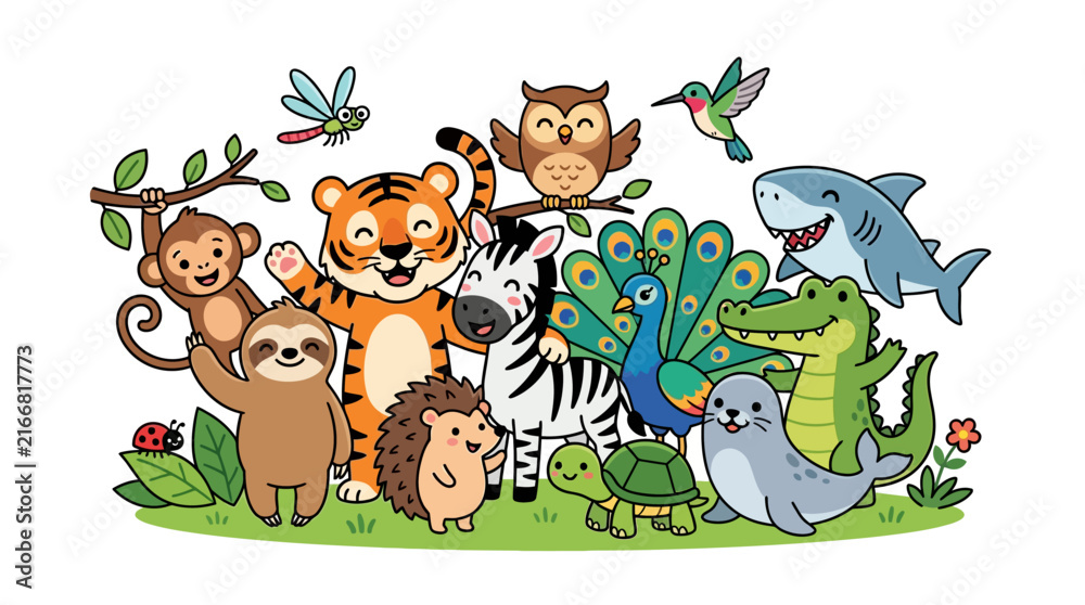 Naklejka premium Large group of cute cartoon wild animals smiling together