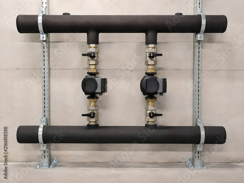Commercial Hydronic Pump Group with Parallel Circulation Pumps and Insulated Headers