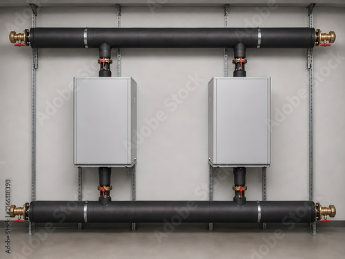 Commercial Heat Pump Cascade with Two Indoor Modules and Insulated Supply and Return Headers