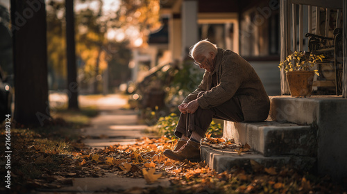 Elderly person sitting on porch step in autumn