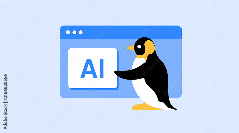 Obraz premium A cute penguin, Aptenodytes forsteri, interacts with a software window displaying artificial intelligence text in a flat vector design style