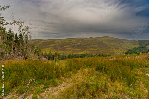 Rolling hills stretch under a moody, cloudy sky