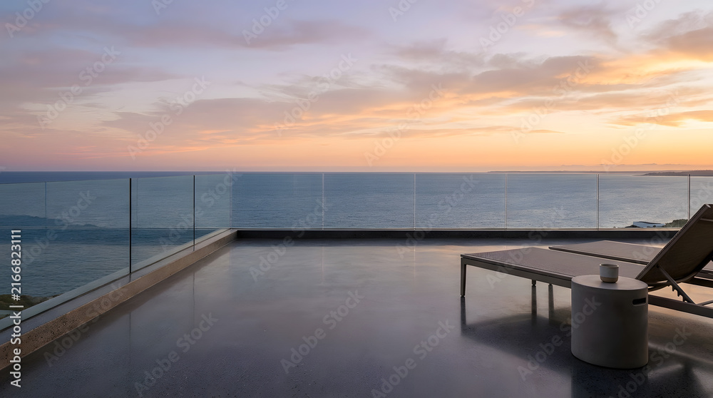 Fototapeta premium Luxury terrace with sunbed overlooking calm ocean during colorful sunset twilight