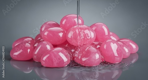 Polished pink rose quartz gems sit in a pile as clear water flows over the smooth surfaces, creating glossy reflections on a gray background, polished, nature, minerals