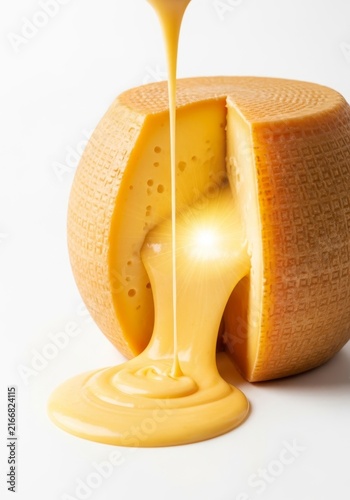 Premium cheese wheel cut open to show a luminous golden fondue core. Rich molten liquid flows elegantly on a minimalist white background shot, fondue, fresh, warm