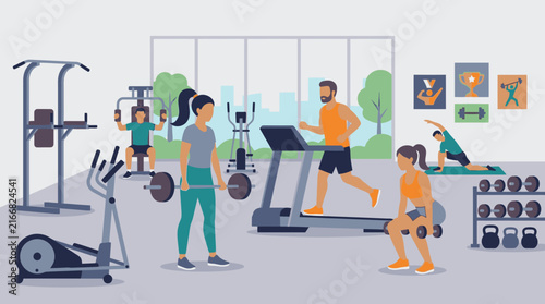 People working out and exercising with various fitness equipment at the gym