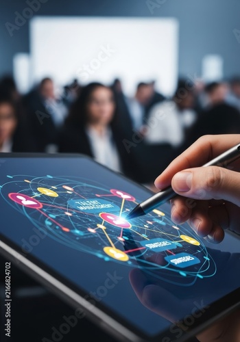 Close up view of a stylus used on a digital tablet to record notes during a crowded corporate congress about talent management strategies, documentation, crowd, observation