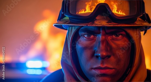 Close-up of a determined expression wearing safety gear, backlit by intense wildfire flames and contrasting blue emergency vehicle lights, courage, rescue, skin