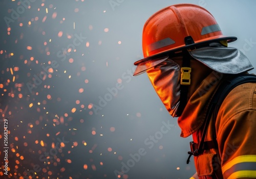 Close-up of heat-resistant protective gear and a safety helmet moving through dense gray smoke and orange embers during a forest fire, motion, embers, heat