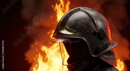 Close-up of soot-covered protective equipment and a helmet with a visor set against a dramatic backdrop of raging orange flames and smoke, orange, embers, inferno
