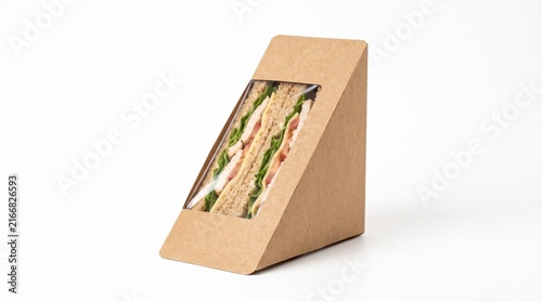 A fresh chicken and cheese sandwich packaged inside a brown cardboard triangular box on a white studio background environment.